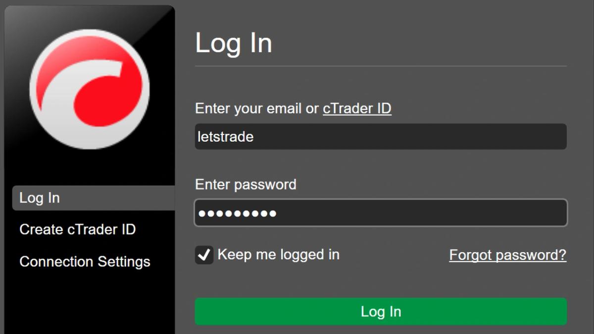 cTrader account creation and broker connection registration screen