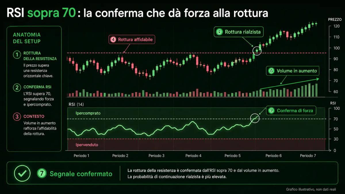 Indicatore RSI durante una rottura rialzista, con zone di ipercomprato e ipervenduto annotate