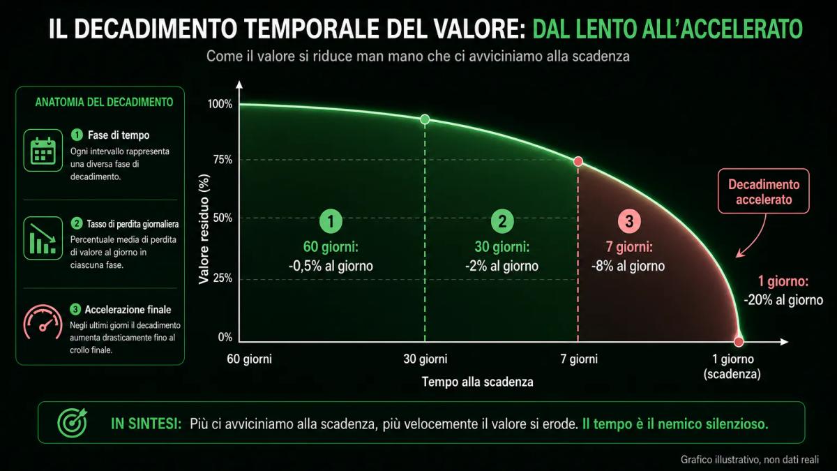 Curva di decadimento temporale non lineare con annotazioni dei giorni residui e perdita di valore