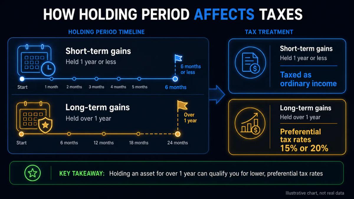 Tax treatment comparison chart showing short-term gains taxed as ordinary income and long-term gains at preferential rates