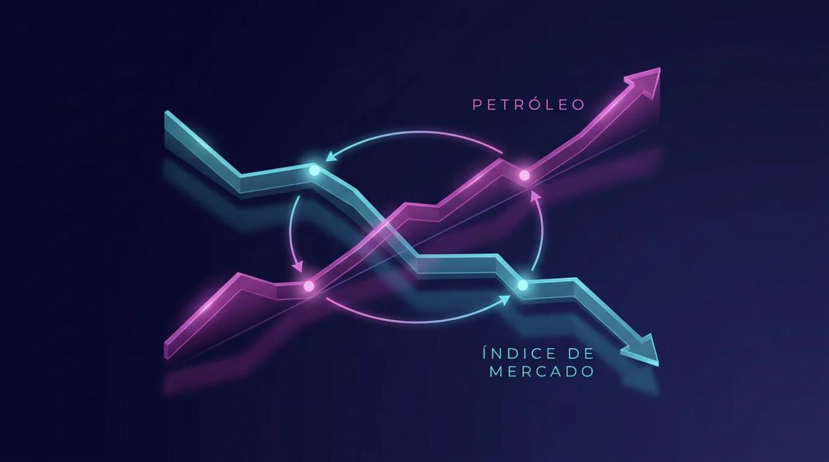 Dos gráficas superpuestas: petróleo subiendo mientras acciones caen, mostrando correlación inversa
