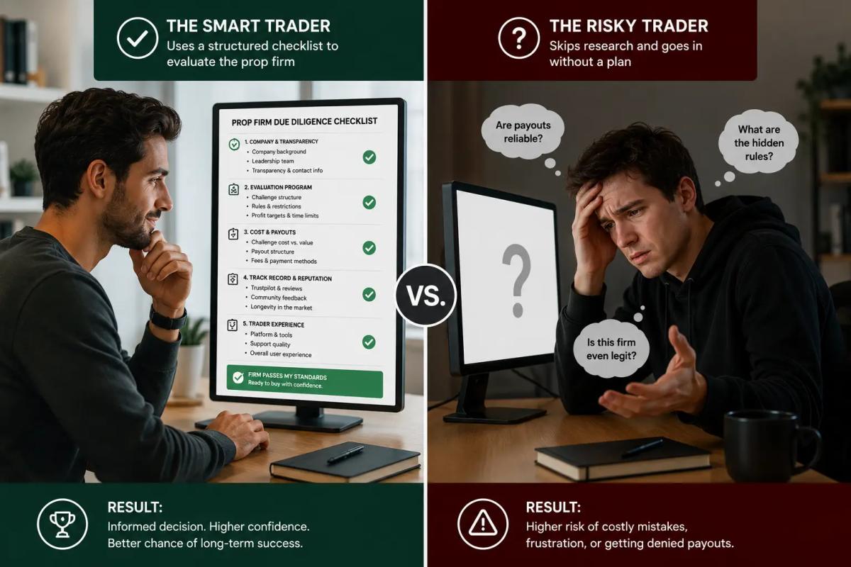 Trader evaluating a prop firm using a structured due diligence checklist before buying a challenge