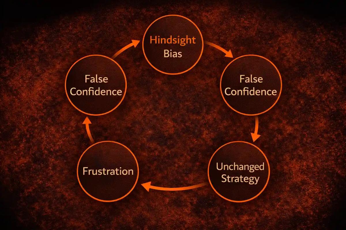 Cycle diagram showing how hindsight bias creates a loop of false confidence, unchanged strategy, repeated mistakes, and frustration