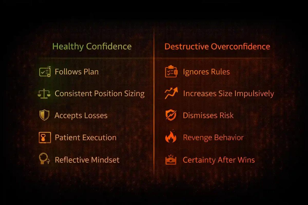 Comparison chart contrasting signs of healthy trading confidence versus dangerous overconfidence
