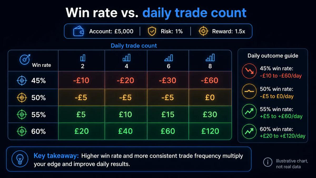 Win-rate and risk-per-trade framework showing expected daily results across different win rates and trade counts