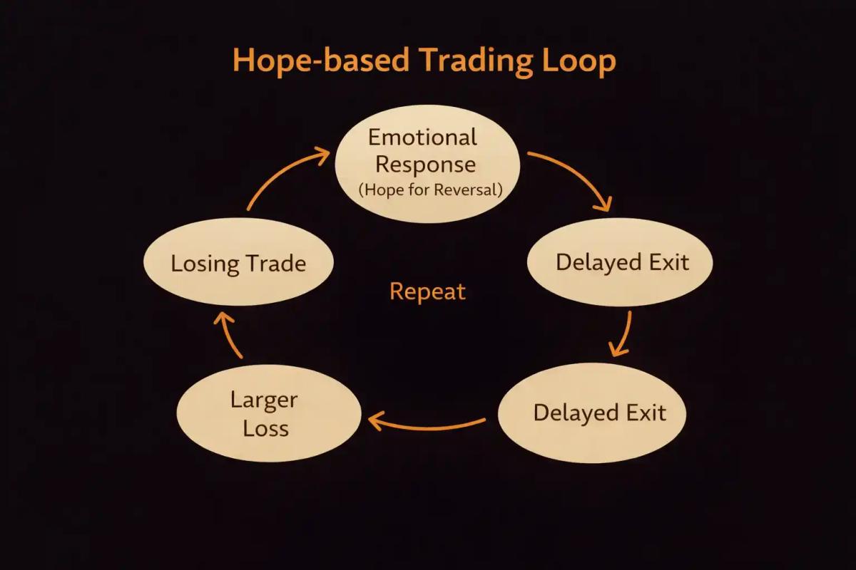 Cycle diagram showing the hope-based trading loop from losing trade through emotional response delayed exit and larger loss