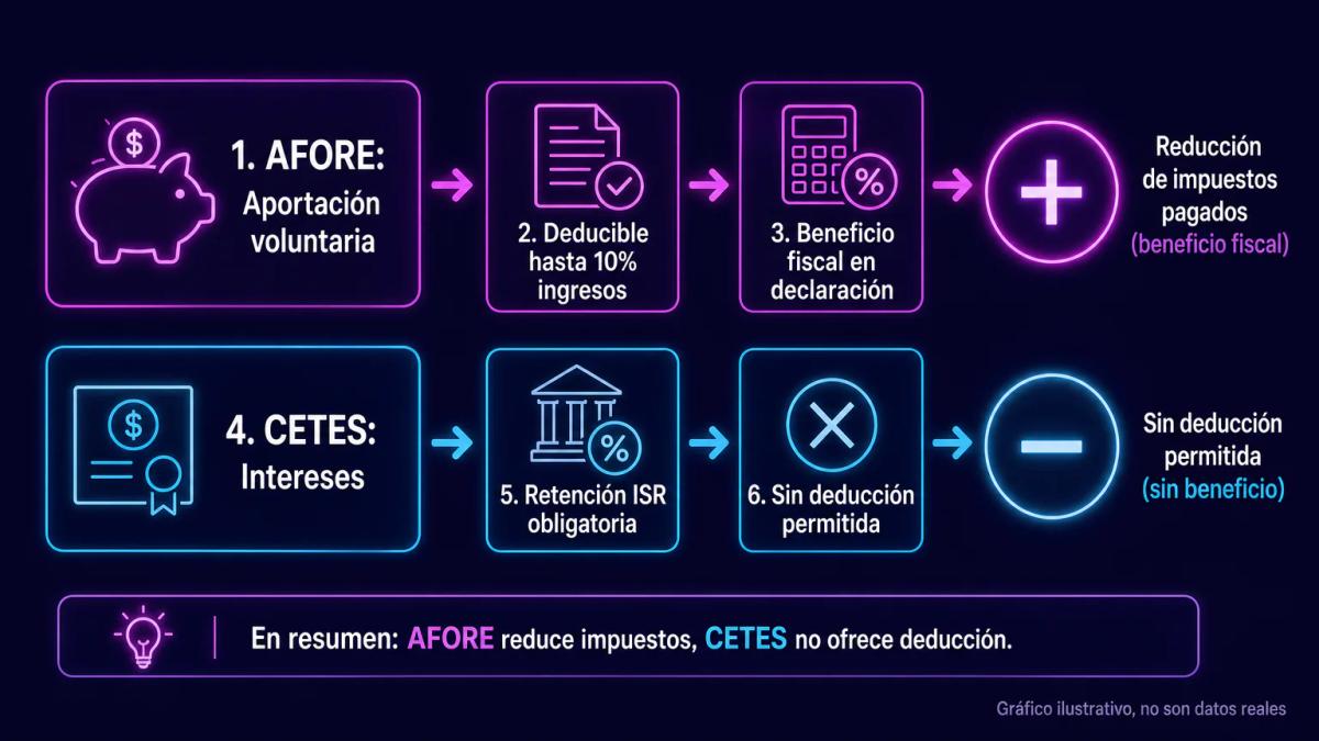 Esquema de beneficio fiscal: aportación voluntaria a Afore con deducción en declaración anual versus CETES sin deducción