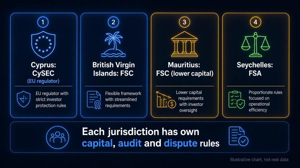 Four regulatory jurisdictions listed with their regulator initials and key characteristics
