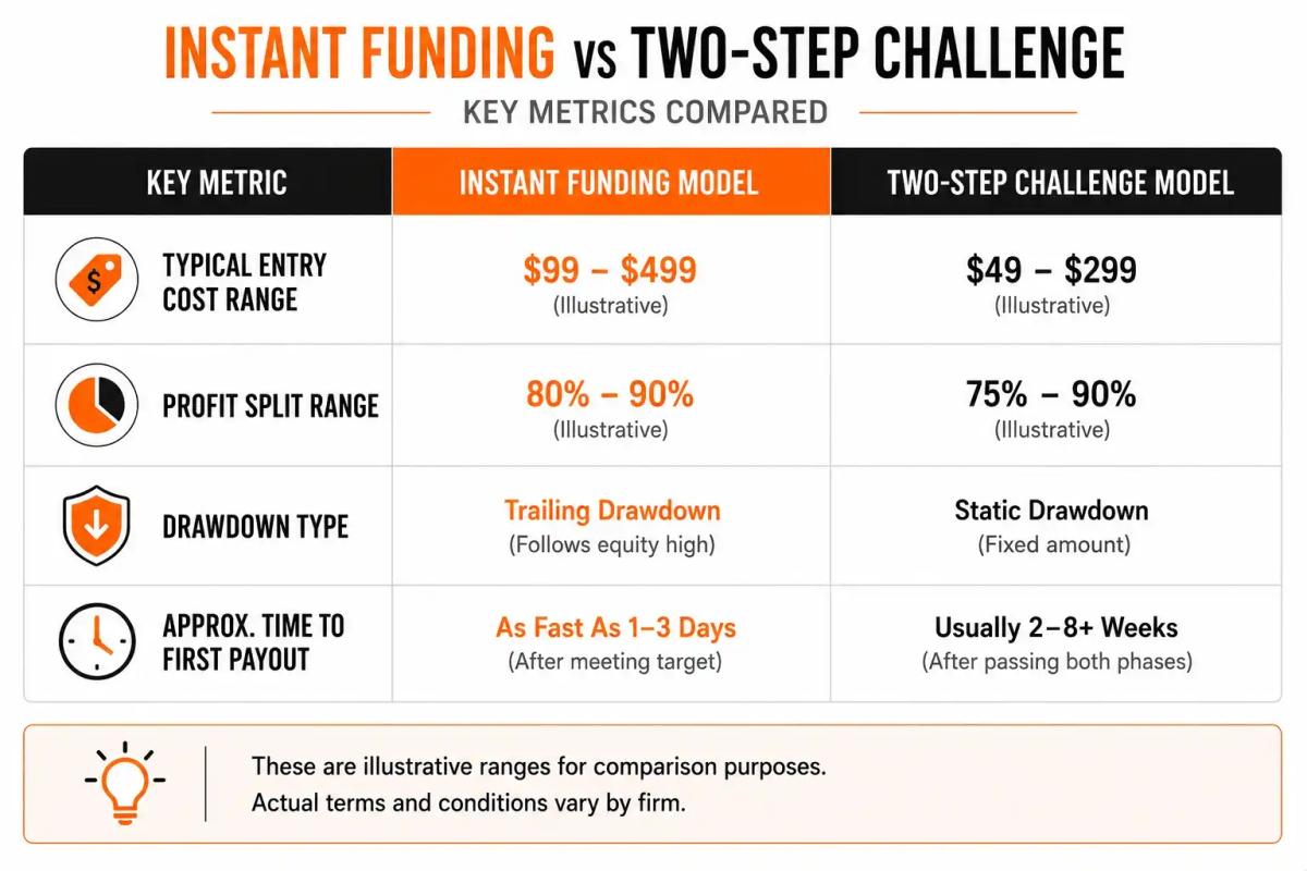 Comparison table of instant funding vs two-step challenge prop firm key metrics