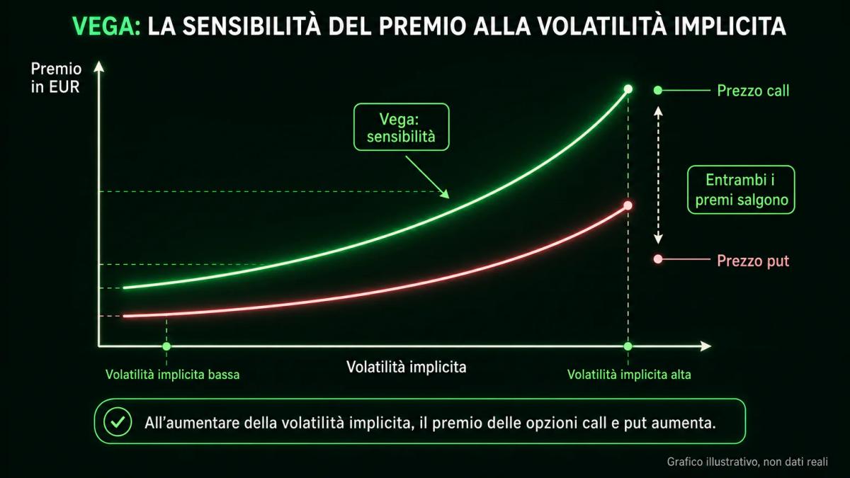 Grafico editoriale che mostra il prezzo di call e put al variare della volatilità implicita, con frecce che indicano il vega