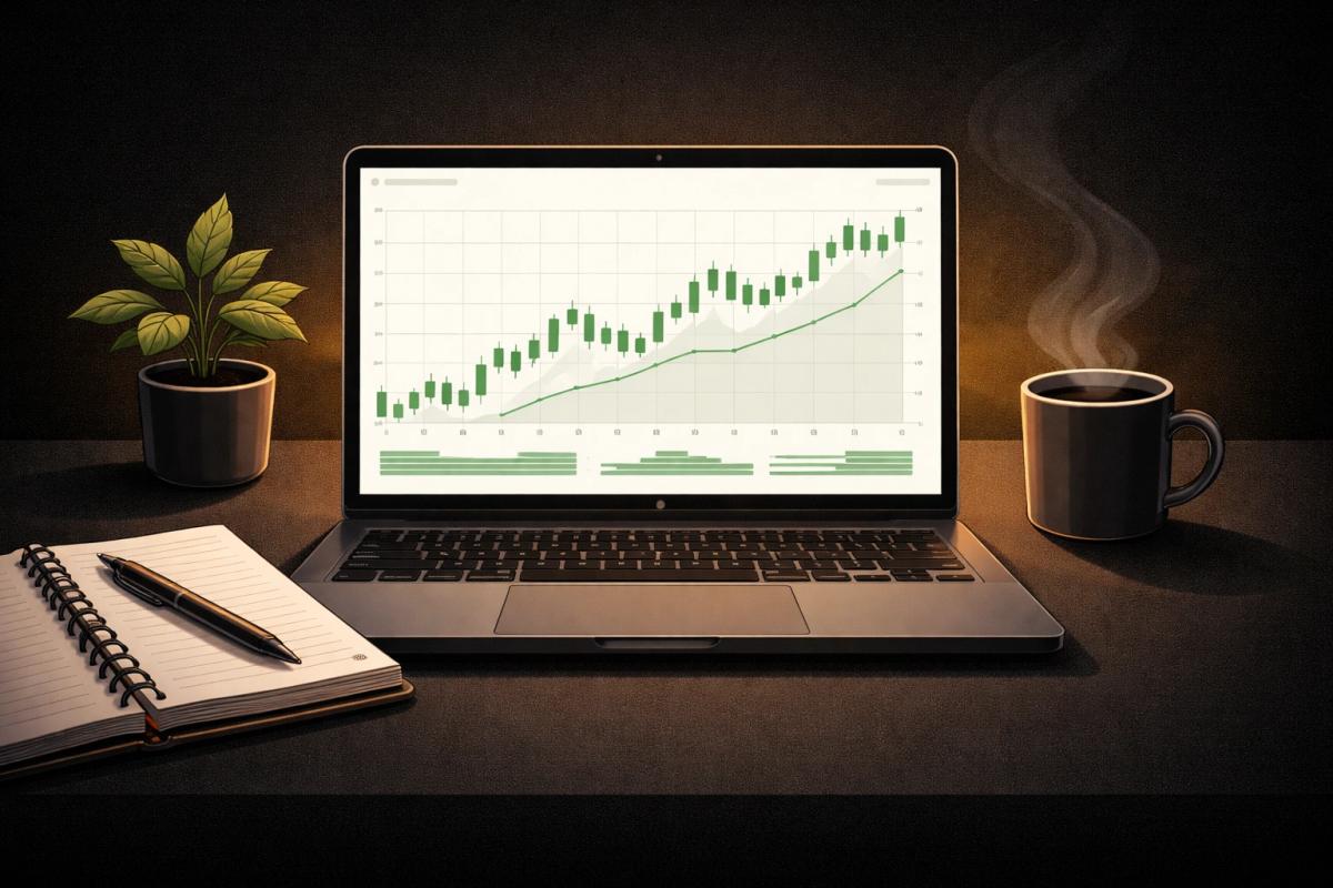 Beginner trading workspace with laptop showing a simplified trading chart notebook and coffee