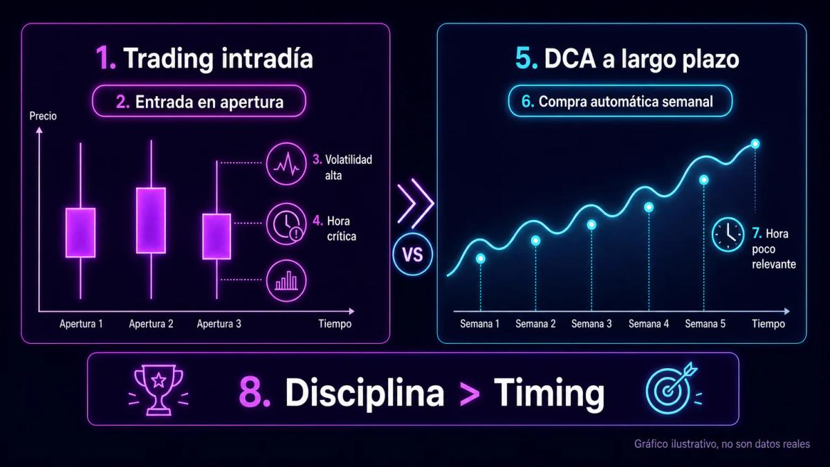Comparación visual de dos estrategias: velas de apertura con volatilidad versus línea plana de compra automática semanal