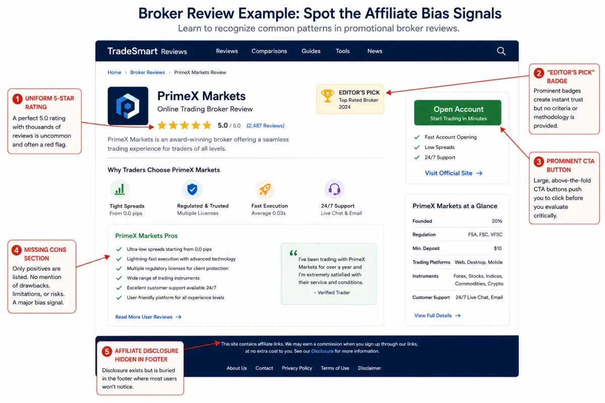 Annotated broker review mock-up showing common affiliate bias signals including hidden disclosures and missing negatives