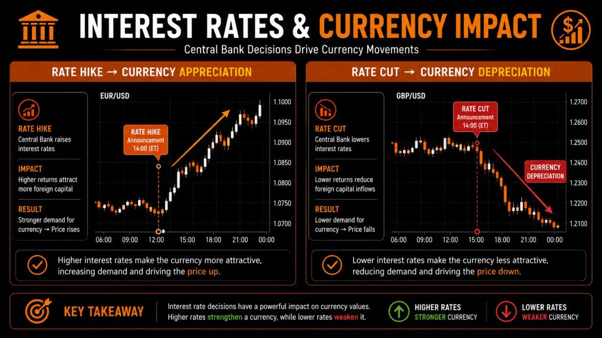 Diagram showing how interest rate hikes and cuts affect currency strength
