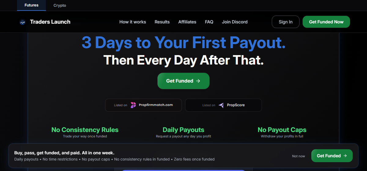 Hero della homepage di Traders Launch con valutazioni futures e pulsante Get Funded