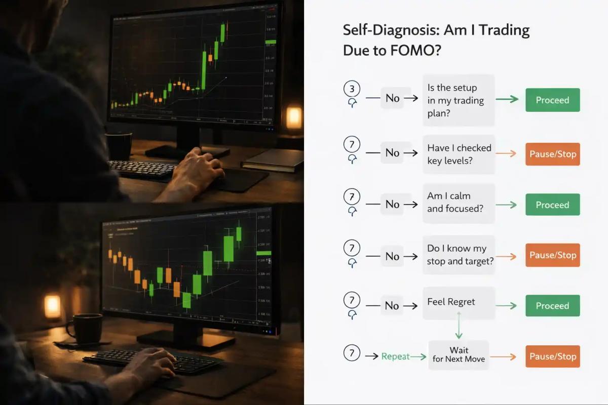 Trader hesitating with hand over mouse while watching a sharp upward price candle on a trading chart