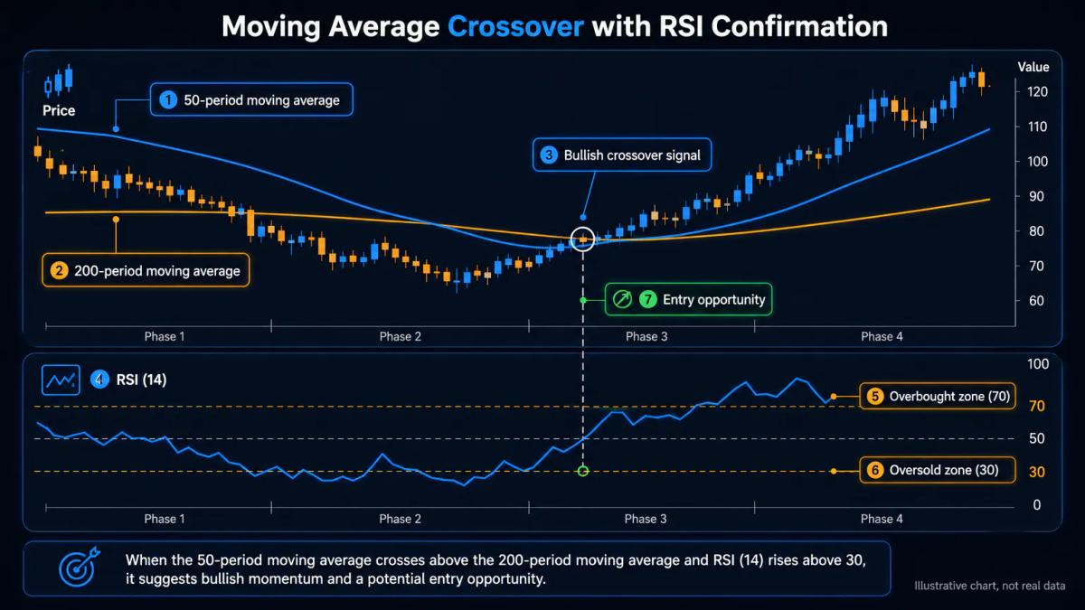 Price chart with 50-period and 200-period moving averages crossing, RSI indicator below showing momentum zones
