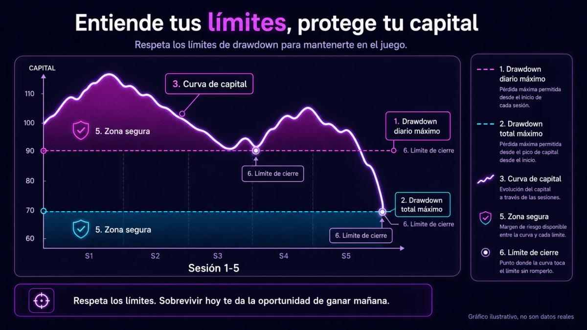 Gráfico editorial mostrando drawdown diario y total con límites de riesgo anotados
