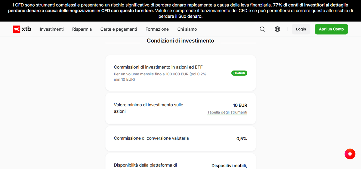 Pagina tariffe XTB con 0% commissioni su azioni ed ETF fino a 100.000 EUR al mese