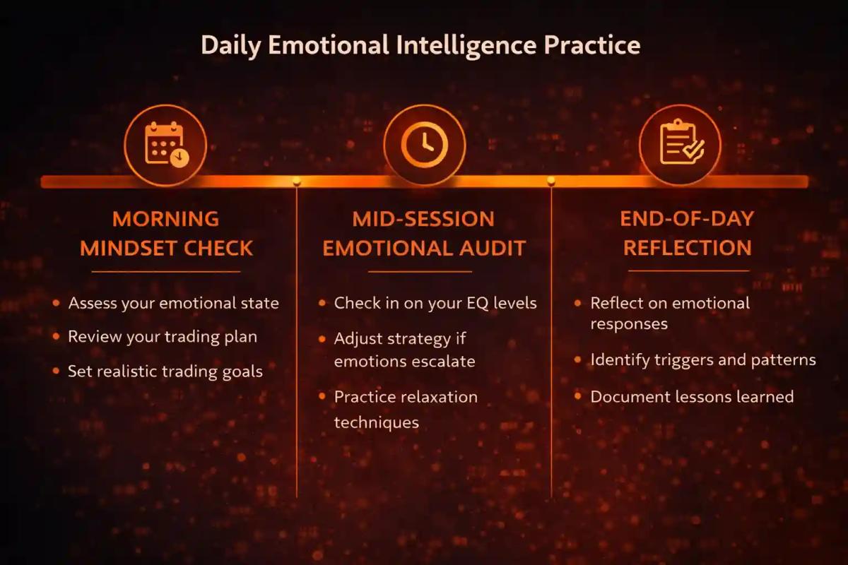 Daily emotional intelligence practice timeline showing morning, mid-session, and end-of-day trading routines