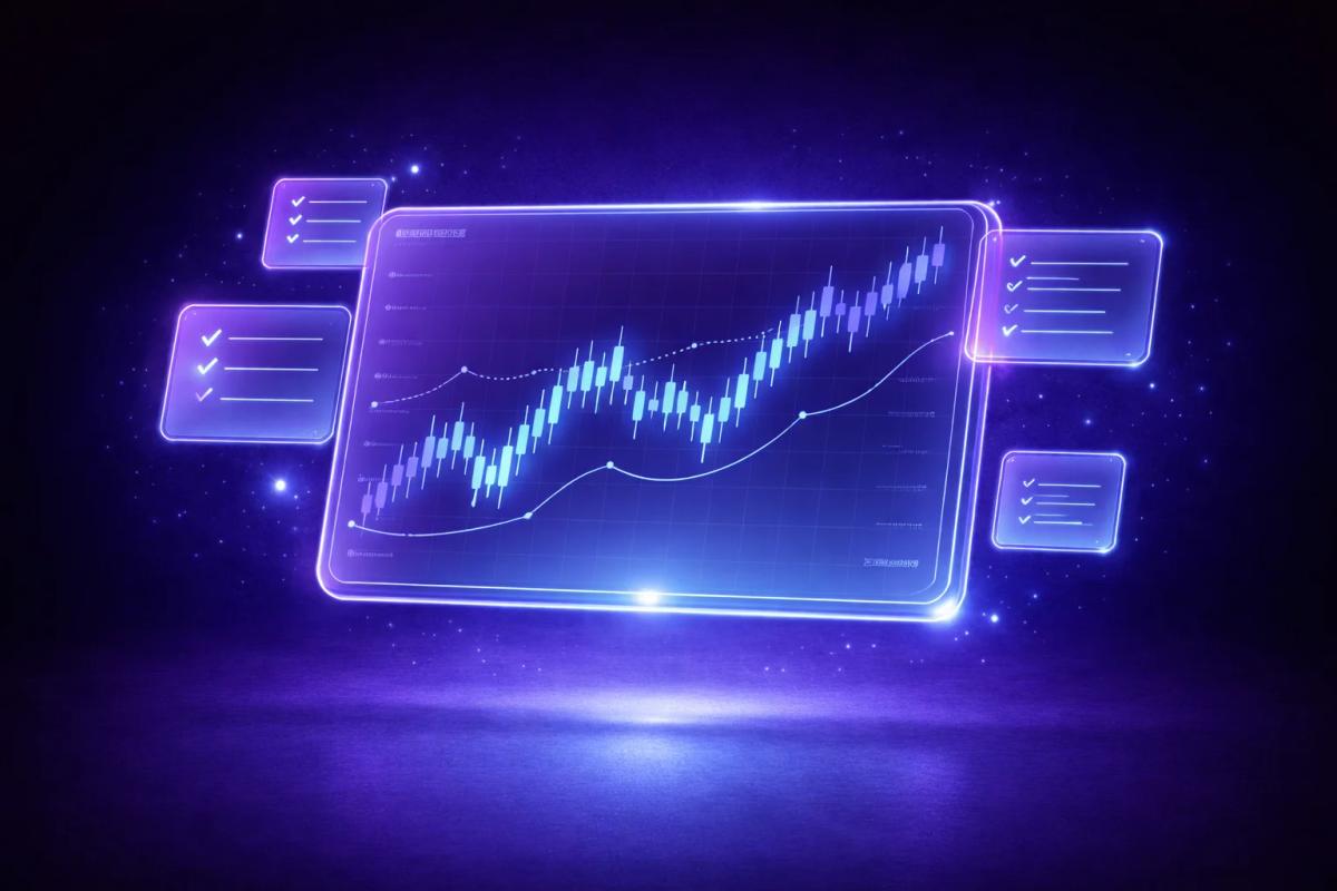 Pantalla de gráfico financiero 3D flotante con velas japonesas y elementos de checklist traslúcidos sobre fondo púrpura profundo a azul marino