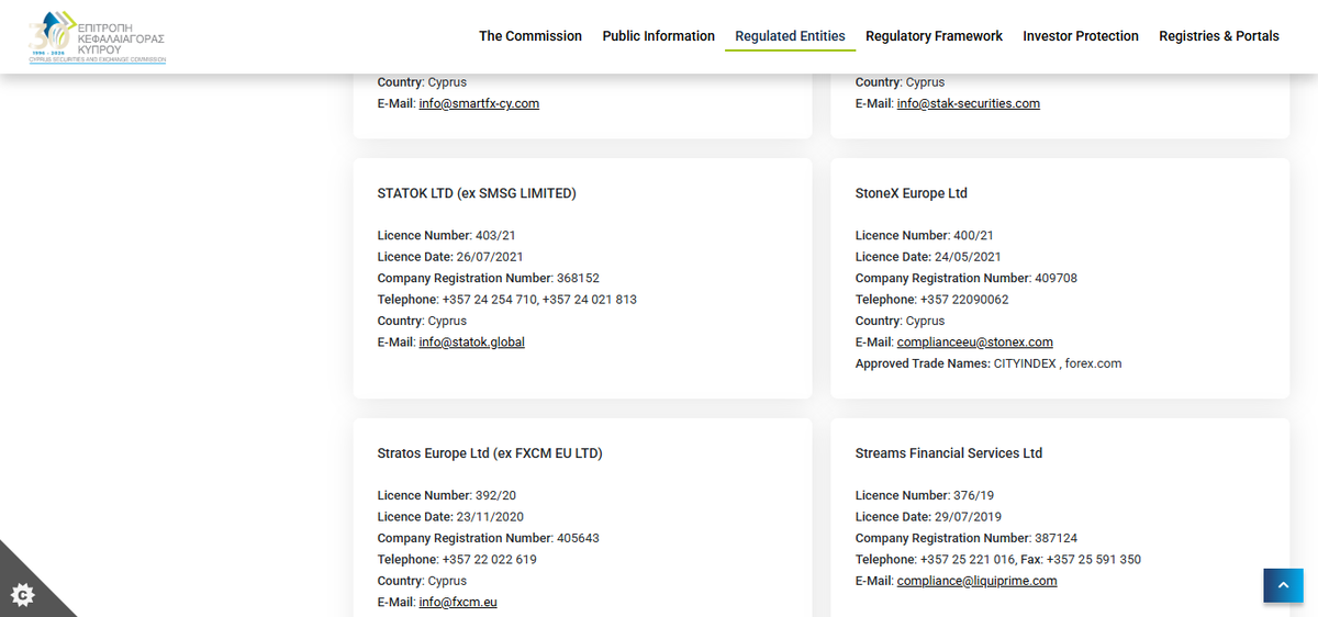 Registro CySEC con licenza 400/21 di StoneX Europe Ltd (Forex.com) e stato di autorizzazione