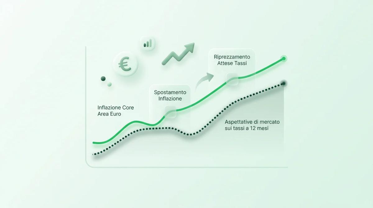 Grafico che sovrappone la serie dell'inflazione core con le aspettative di mercato sui tassi di riferimento, mostrando come le due si muovano insieme