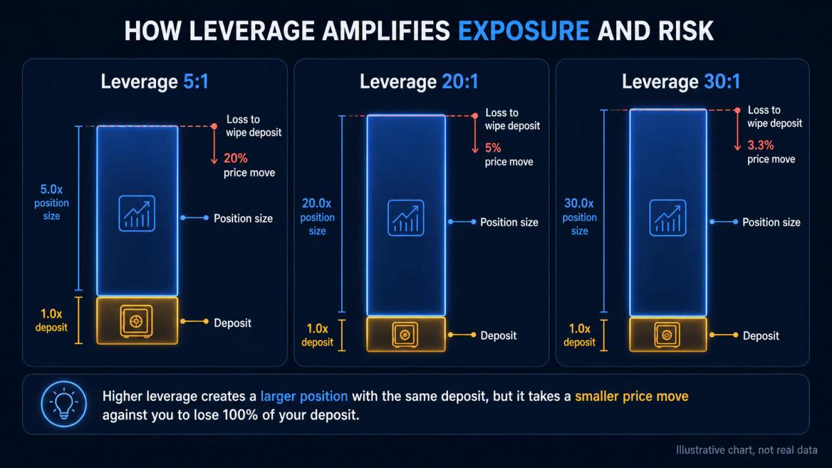 Three leverage scenarios showing deposit, position size, and loss magnitude at 5:1, 20:1, and 30:1