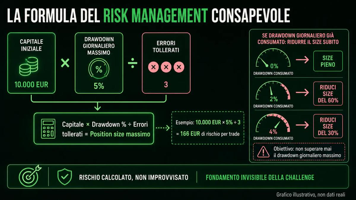 Calcolo del position size: capitale, drawdown massimo e numero di errori tollerati collegati in una formula visiva