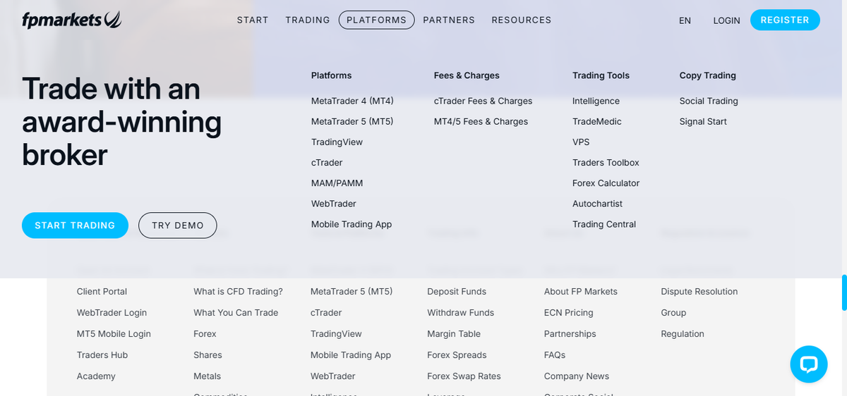 Sección de plataformas de FP Markets con MT4, MT5, cTrader, TradingView e IRESS