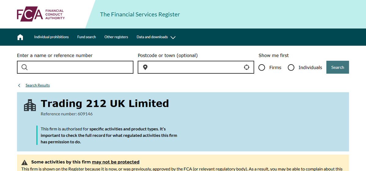 FCA register entry for Trading 212 UK Limited, FRN 609146, showing Authorised status