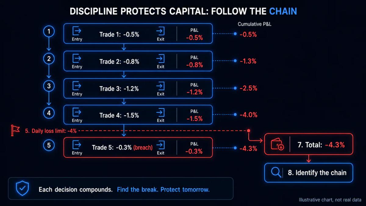 Trade sequence showing five trades leading to a daily loss limit breach on the final trade