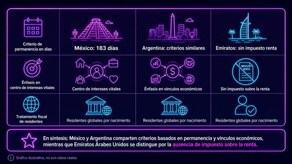 Tabla comparativa de criterios fiscales en México, Argentina y Emiratos Árabes Unidos con permanencia, centro vital y tratami