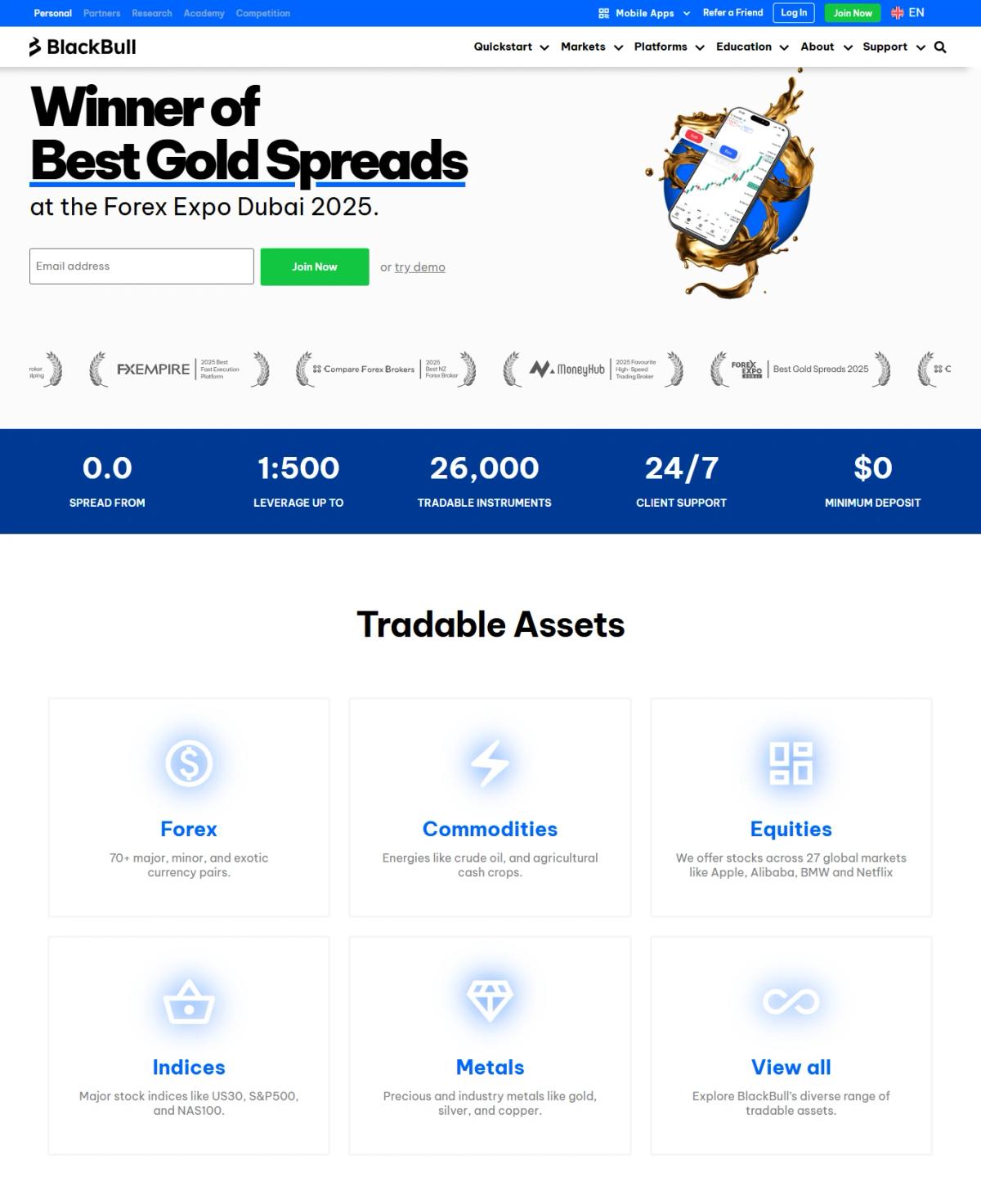BlackBull Markets homepage displaying available trading platforms and key broker features