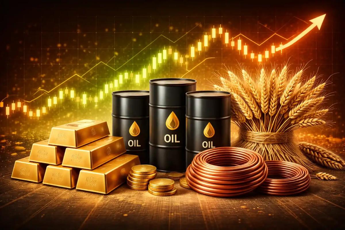 Commodity trading concept illustration showing gold bars, oil barrels, wheat, and copper with a trading chart