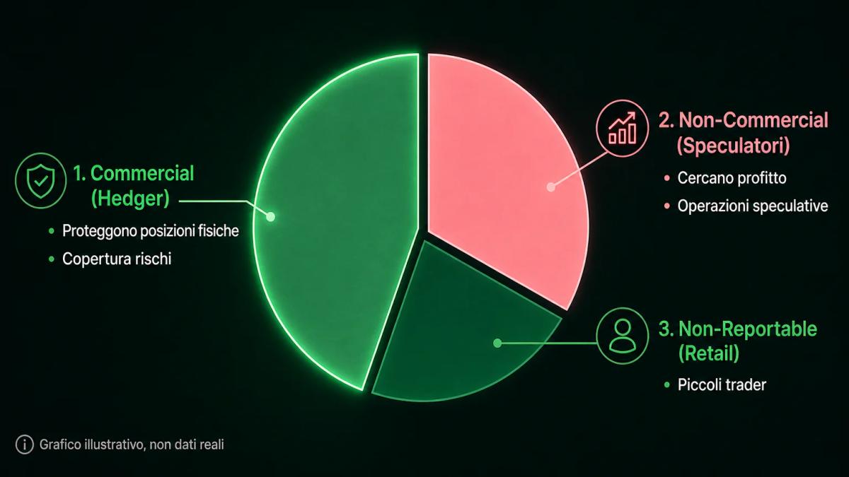 Grafico a torta che divide l'open interest in tre segmenti: commerciali, non commerciali e piccoli trader