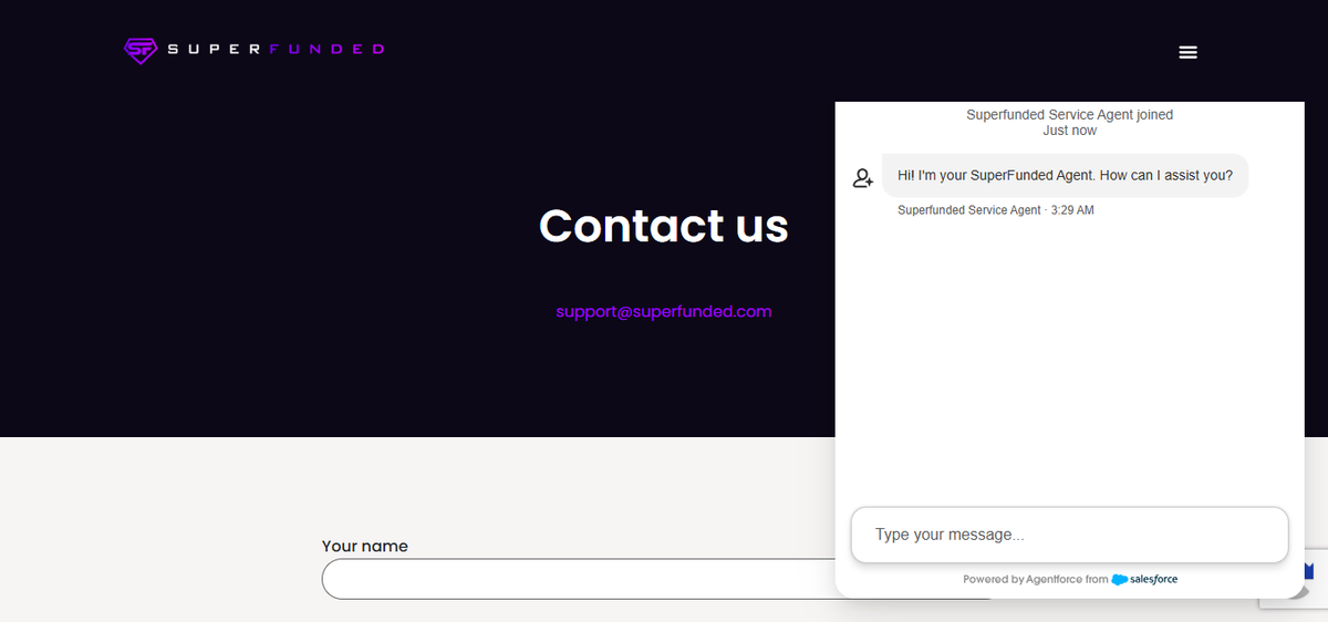 Centro de ayuda o contacto de Superfunded con chat, email y tiempos de respuesta