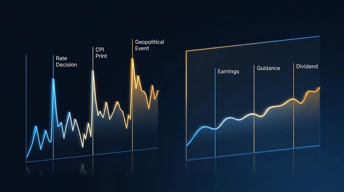 Two price charts overlaid with different driver annotations: forex showing interest rate and central bank events, stocks show