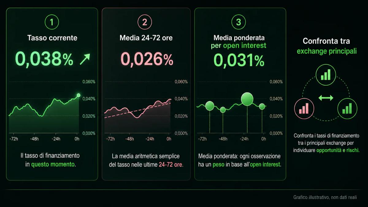 Infografica con tre metriche chiave del funding rate: valore corrente, media 24-72 ore, media ponderata per open interest