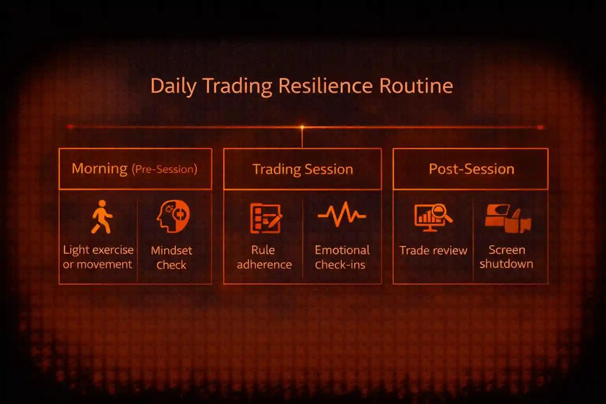 Daily trading resilience routine timeline showing pre-session preparation, trading session habits, and post-session review activities