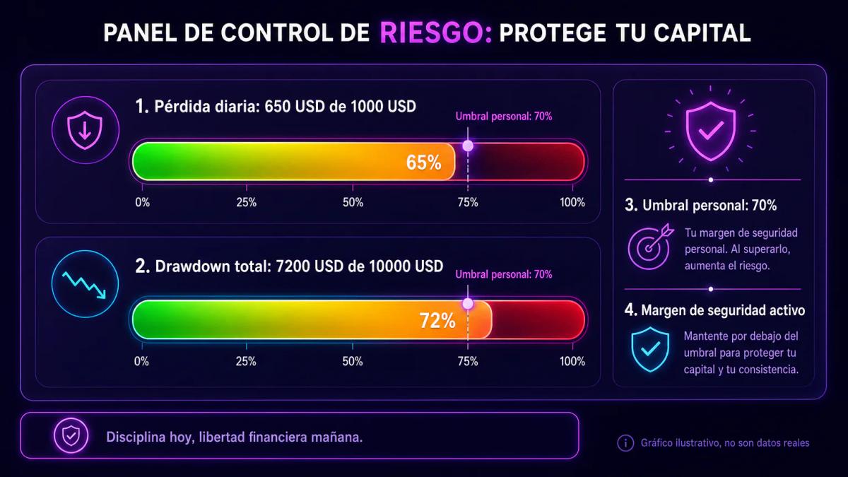 Panel de control con indicadores de pérdida diaria y drawdown, mostrando barras de progreso hacia los límites
