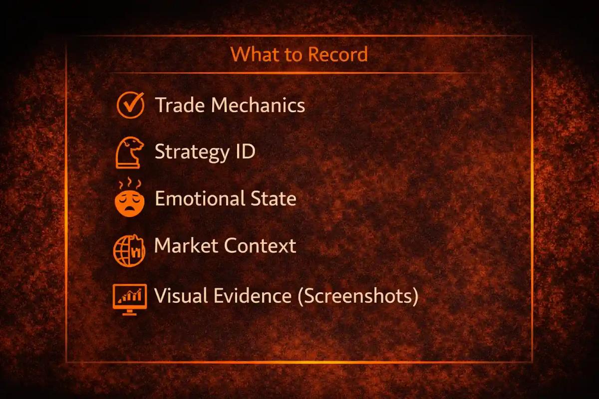 Five core categories of a trading journal: trade mechanics, strategy, emotions, market context, and screenshots