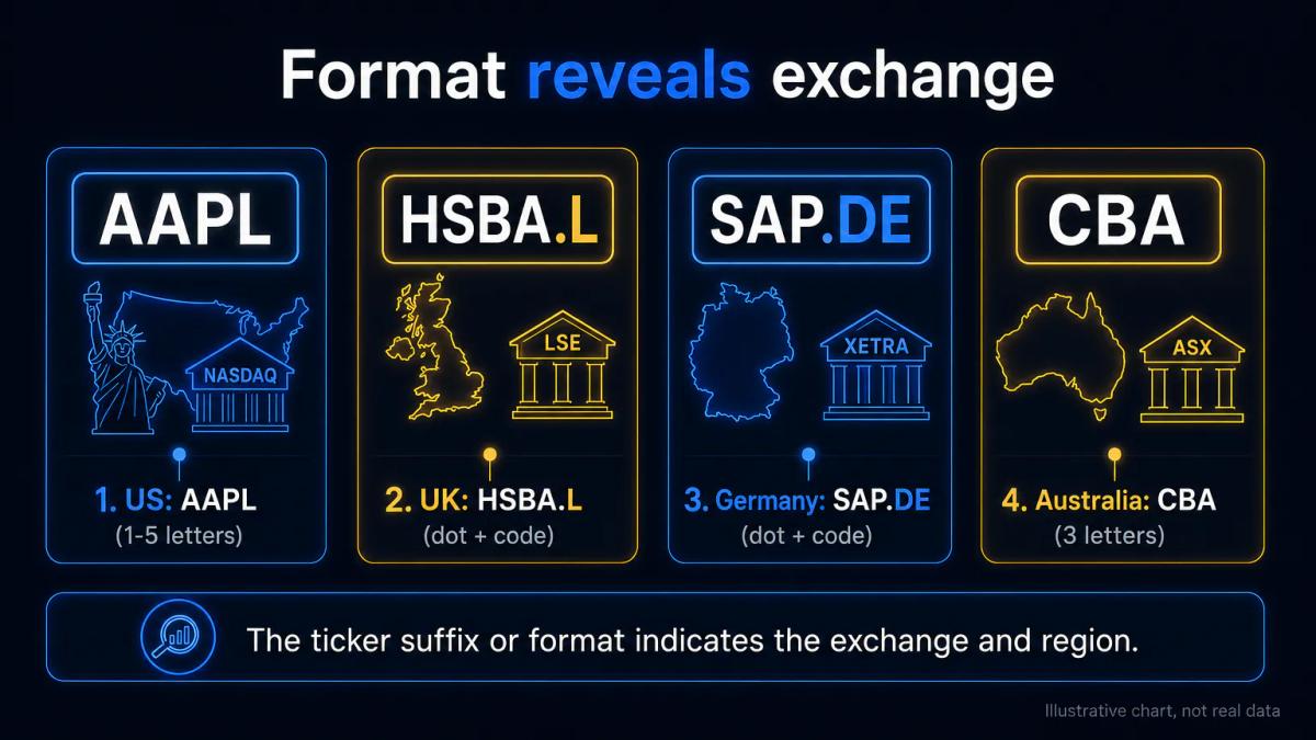 Four ticker symbols with regional suffixes: AAPL, HSBA.L, SAP.DE, CBA displayed side by side