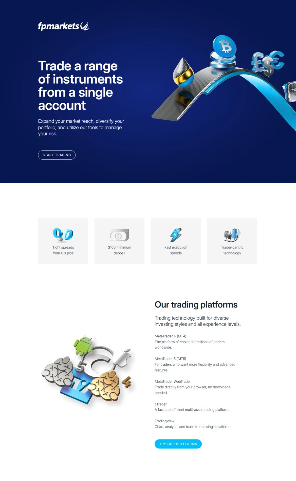 FP Markets homepage showing trading platform options and key features