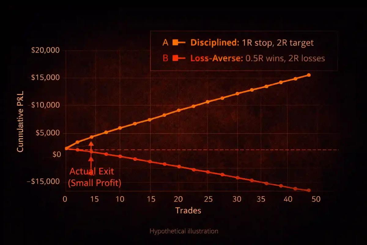 Chart comparing hypothetical portfolio outcomes over 50 trades between disciplined risk-reward execution and loss aversion-driven trading behavior