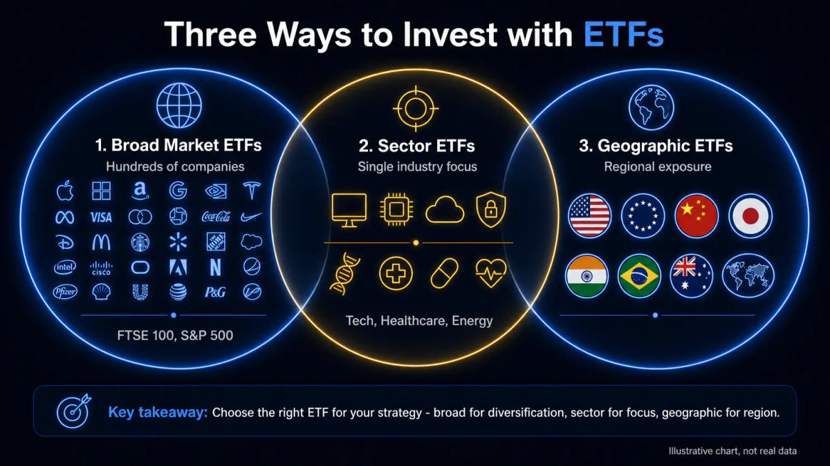 Three overlapping circles representing broad market, sector, and geographic equity ETF approaches with example holdings