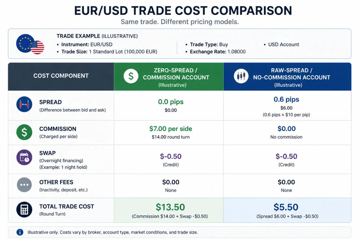 ide-by-side table comparing spread cost versus commission cost on a EUR/USD trade