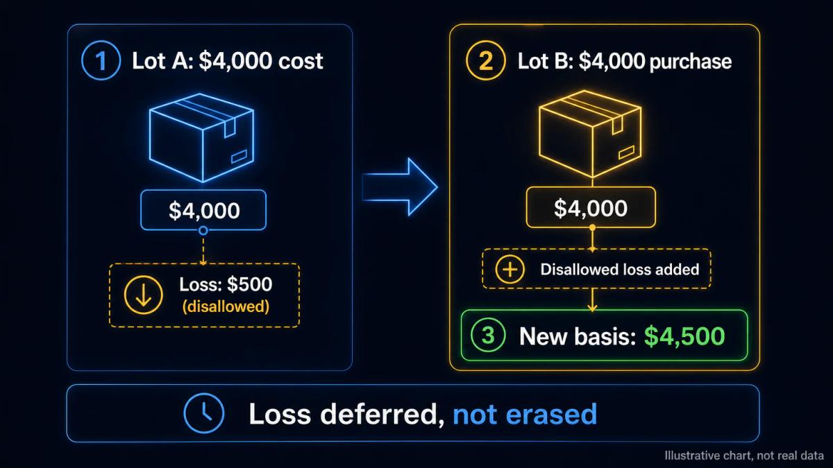 Two cost basis calculations side by side: original $4,000 purchase and adjusted $4,500 basis after $500 loss deferral