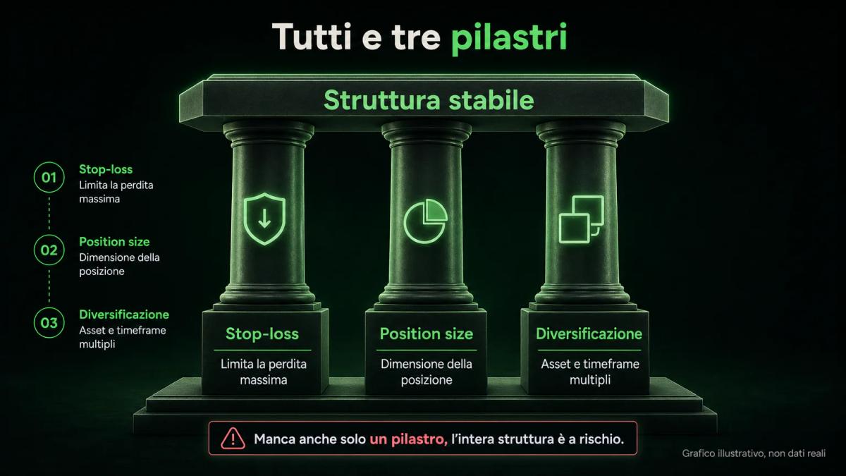 Tre pilastri etichettati che sostengono una struttura di money management: stop-loss, position size e diversificazione