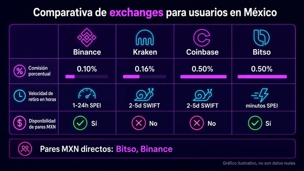 Tabla comparativa de cuatro exchanges mostrando comisiones, velocidad de retiro y métodos de pago disponibles en México